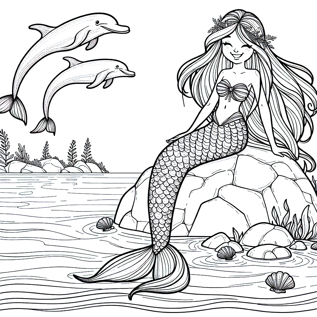 Mermaid playing with dolphins